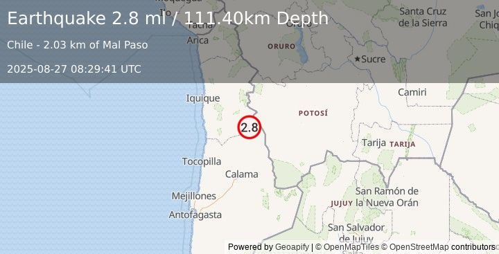 Earthquake ANTOFAGASTA, CHILE (2.8 ml) (2025-08-27 08:29:41 UTC)