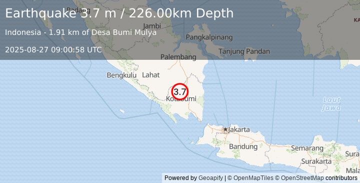 Earthquake SOUTHERN SUMATRA, INDONESIA (3.7 m) (2025-08-27 09:00:58 UTC)