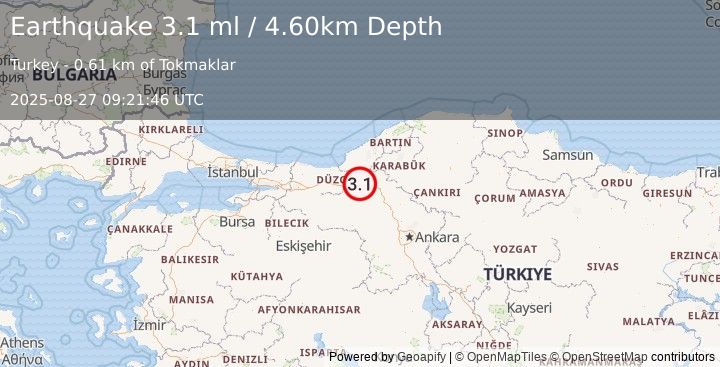 Earthquake WESTERN TURKEY (3.1 ml) (2025-08-27 09:21:46 UTC)