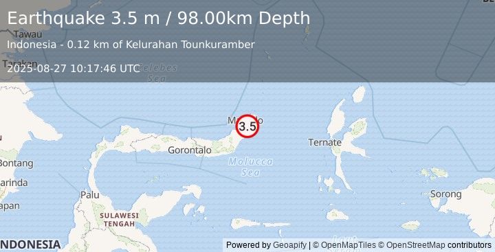 Earthquake MINAHASA, SULAWESI, INDONESIA (3.5 m) (2025-08-27 10:17:46 UTC)