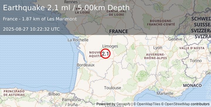 Earthquake FRANCE (2.1 ml) (2025-08-27 10:22:32 UTC)