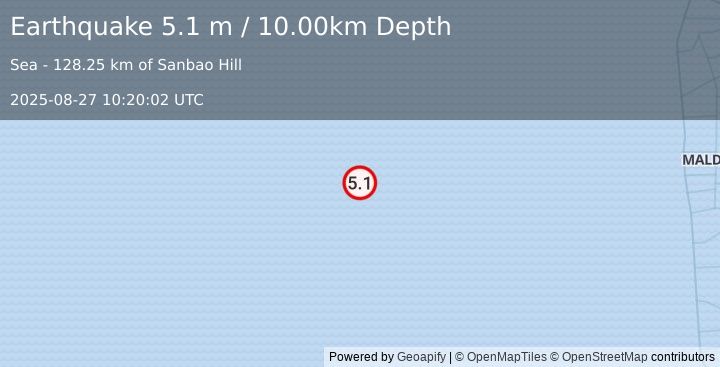 Earthquake CARLSBERG RIDGE (5.2 mb) (2025-08-27 10:19:59 UTC)