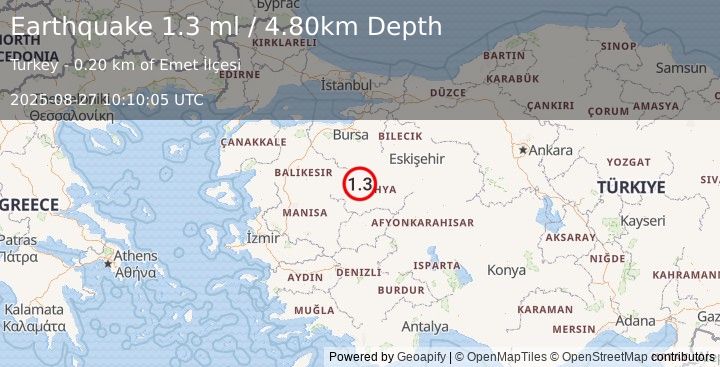 Earthquake WESTERN TURKEY (1.3 ml) (2025-08-27 10:10:05 UTC)
