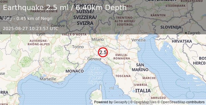 Earthquake NORTHERN ITALY (2.5 ml) (2025-08-27 10:23:57 UTC)