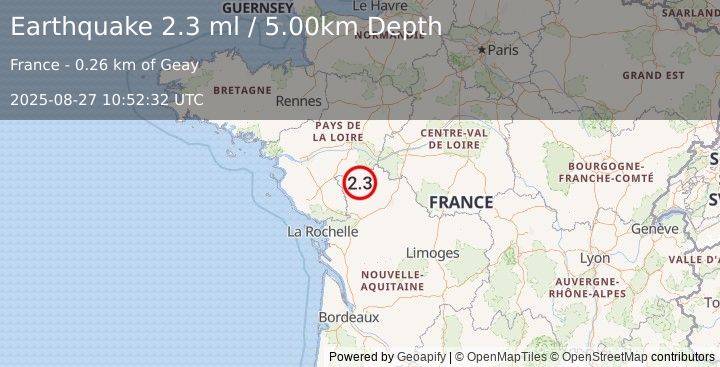 Earthquake FRANCE (2.3 ml) (2025-08-27 10:52:32 UTC)