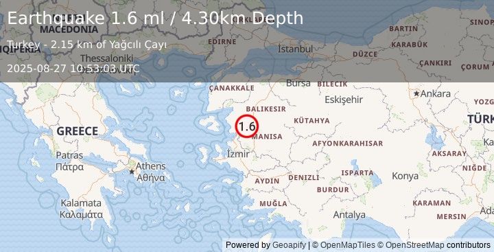 Earthquake WESTERN TURKEY (1.6 ml) (2025-08-27 10:53:05 UTC)