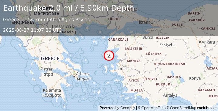 Earthquake NEAR THE COAST OF WESTERN TURKEY (2.0 ml) (2025-08-27 11:07:26 UTC)