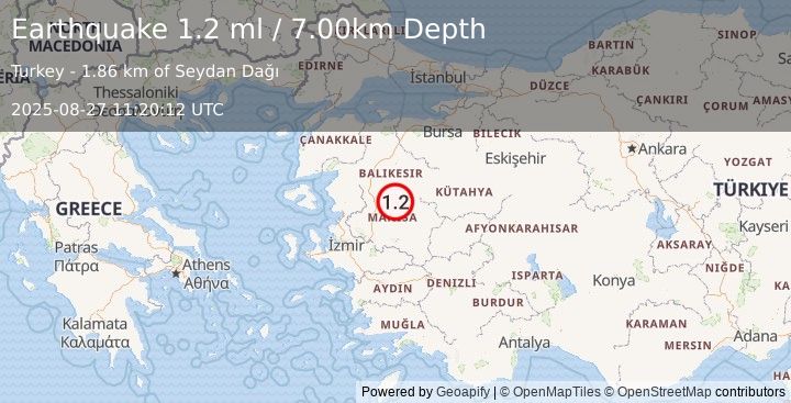 Earthquake WESTERN TURKEY (1.2 ml) (2025-08-27 11:20:12 UTC)