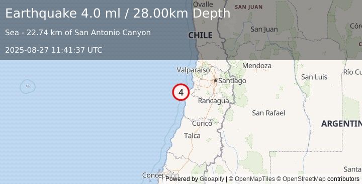 Earthquake OFFSHORE VALPARAISO, CHILE (3.9 ml) (2025-08-27 11:41:38 UTC)
