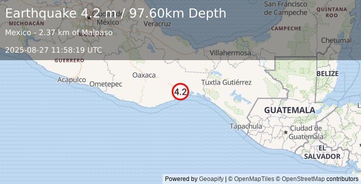 Earthquake OAXACA, MEXICO (4.2 m) (2025-08-27 11:58:19 UTC)