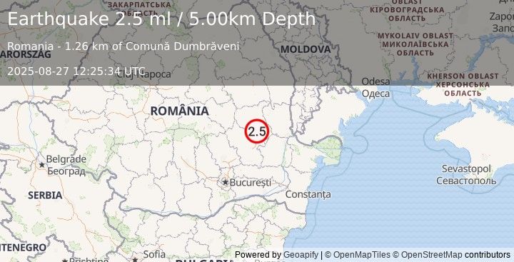 Earthquake ROMANIA (2.5 ml) (2025-08-27 12:25:34 UTC)