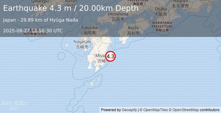 Earthquake KYUSHU, JAPAN (4.3 m) (2025-08-27 12:50:30 UTC)