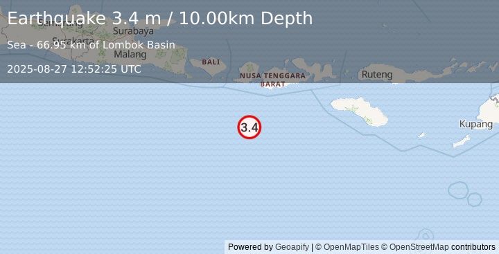 Earthquake SOUTH OF LOMBOK, INDONESIA (3.4 m) (2025-08-27 12:52:25 UTC)