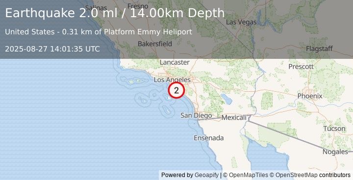 Earthquake SAN PEDRO CHANNEL, CALIFORNIA (2.0 ml) (2025-08-27 14:01:35 UTC)