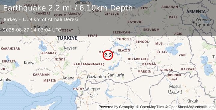 Earthquake EASTERN TURKEY (2.2 ml) (2025-08-27 14:03:04 UTC)