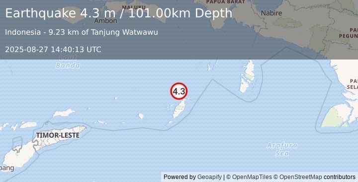 Earthquake KEP. TANIMBAR REGION, INDONESIA (4.3 m) (2025-08-27 14:40:13 UTC)
