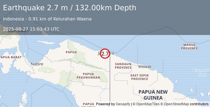 Earthquake NEAR N COAST OF PAPUA, INDONESIA (2.7 m) (2025-08-27 15:03:43 UTC)