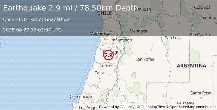 Earthquake LIBERTADOR O'HIGGINS, CHILE (2.9 ml) (2025-08-27 16:03:07 UTC)