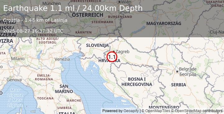 Earthquake CROATIA (1.1 ml) (2025-08-27 16:37:32 UTC)