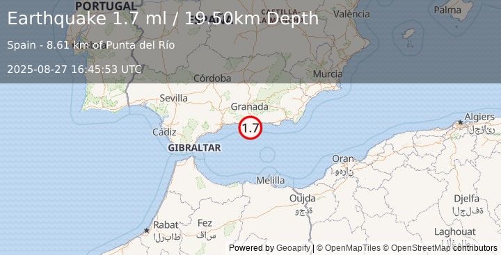 Earthquake STRAIT OF GIBRALTAR (1.7 ml) (2025-08-27 16:45:53 UTC)