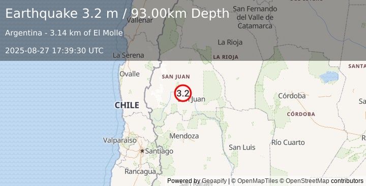 Earthquake SAN JUAN, ARGENTINA (3.2 m) (2025-08-27 17:39:30 UTC)