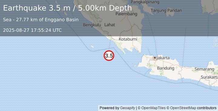 Earthquake SOUTHWEST OF SUMATRA, INDONESIA (3.5 m) (2025-08-27 17:55:24 UTC)