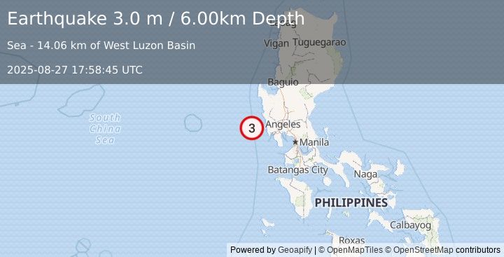 Earthquake LUZON, PHILIPPINES (3.0 m) (2025-08-27 17:58:45 UTC)