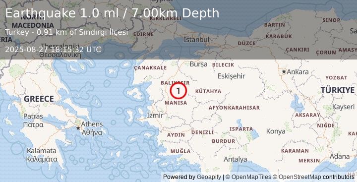 Earthquake WESTERN TURKEY (1.0 ml) (2025-08-27 18:15:32 UTC)
