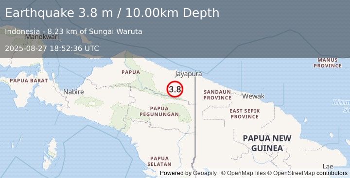 Earthquake PAPUA, INDONESIA (3.8 m) (2025-08-27 18:52:36 UTC)