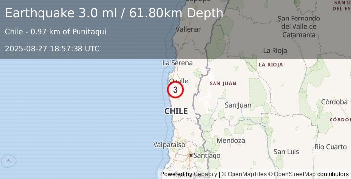 Earthquake COQUIMBO, CHILE (3.0 ml) (2025-08-27 18:57:38 UTC)