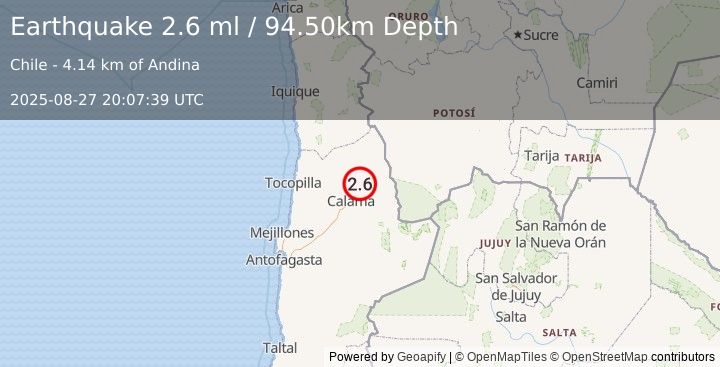 Earthquake ANTOFAGASTA, CHILE (2.6 ml) (2025-08-27 20:07:39 UTC)