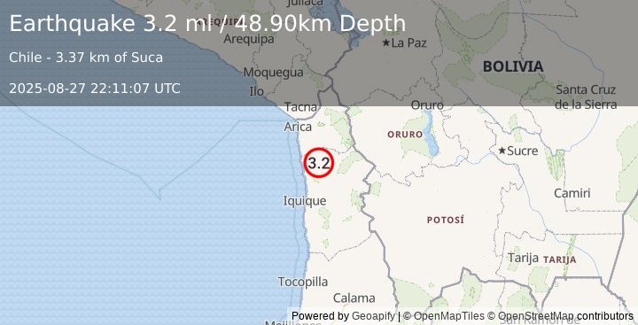 Earthquake TARAPACA, CHILE (3.2 ml) (2025-08-27 22:11:07 UTC)