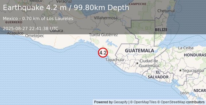 Earthquake CHIAPAS, MEXICO (4.2 m) (2025-08-27 22:41:38 UTC)