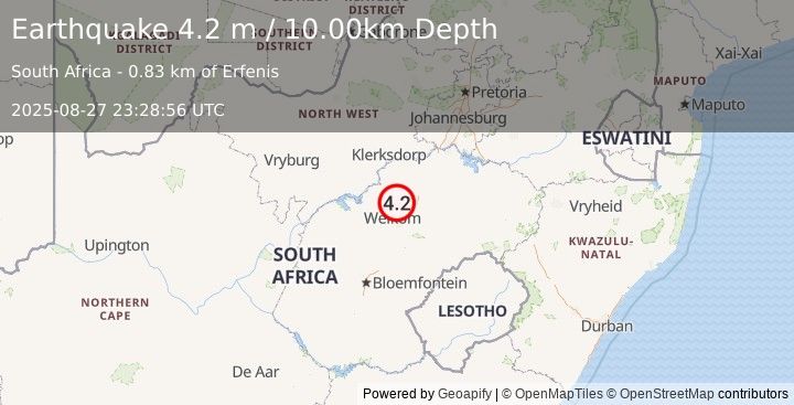 Earthquake SOUTH AFRICA (4.2 m) (2025-08-27 23:28:56 UTC)