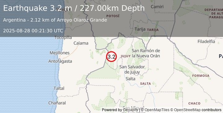 Earthquake JUJUY, ARGENTINA (3.2 m) (2025-08-28 00:21:30 UTC)