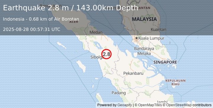 Earthquake NORTHERN SUMATRA, INDONESIA (2.8 m) (2025-08-28 00:57:31 UTC)