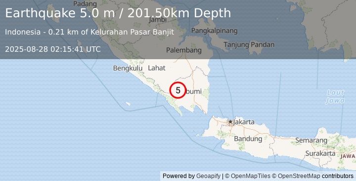 Earthquake SOUTHERN SUMATRA, INDONESIA (4.9 mb) (2025-08-28 02:15:41 UTC)