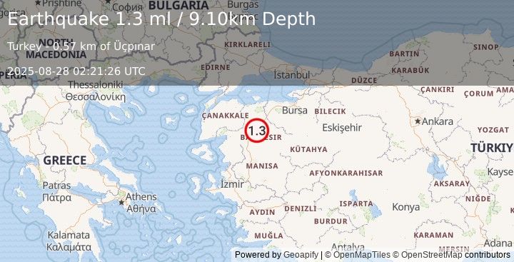 Earthquake WESTERN TURKEY (1.3 ml) (2025-08-28 02:21:26 UTC)