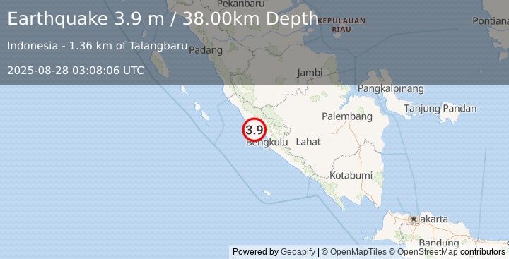 Earthquake SOUTHERN SUMATRA, INDONESIA (3.9 m) (2025-08-28 03:08:06 UTC)