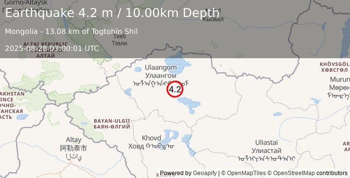 Earthquake WESTERN MONGOLIA (4.2 m) (2025-08-28 03:00:01 UTC)