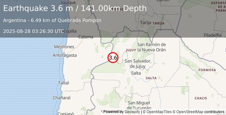 Earthquake JUJUY, ARGENTINA (3.6 m) (2025-08-28 03:26:30 UTC)