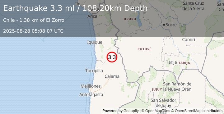 Earthquake TARAPACA, CHILE (3.3 ml) (2025-08-28 05:08:07 UTC)