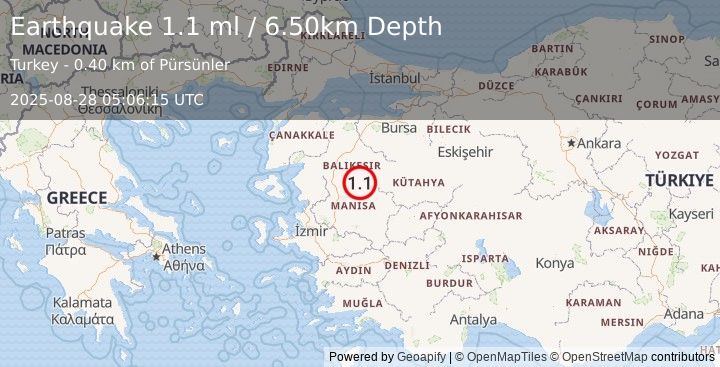 Earthquake WESTERN TURKEY (1.1 ml) (2025-08-28 05:06:15 UTC)