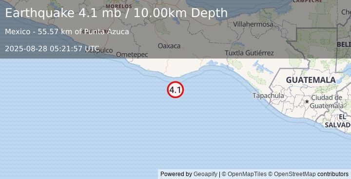Earthquake OFFSHORE OAXACA, MEXICO (4.1 mb) (2025-08-28 05:21:57 UTC)