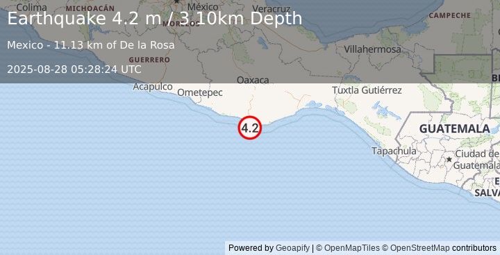 Earthquake OFFSHORE OAXACA, MEXICO (4.2 m) (2025-08-28 05:28:24 UTC)