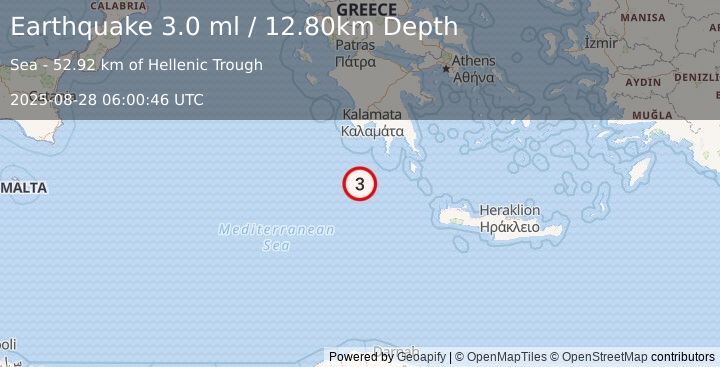 Earthquake CENTRAL MEDITERRANEAN SEA (3.0 ml) (2025-08-28 06:00:46 UTC)