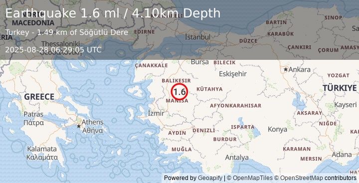Earthquake WESTERN TURKEY (1.6 ml) (2025-08-28 06:29:05 UTC)