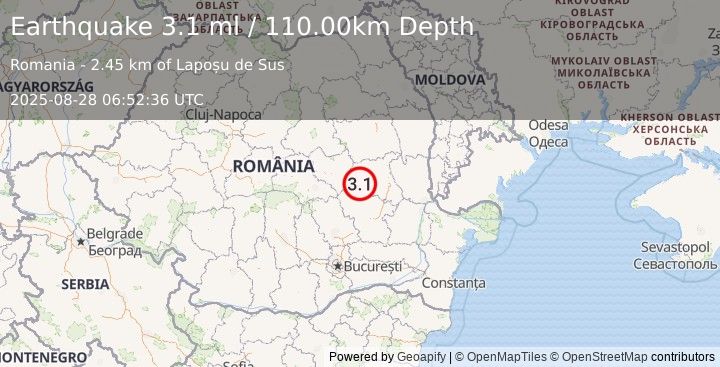Earthquake ROMANIA (3.1 ml) (2025-08-28 06:52:36 UTC)