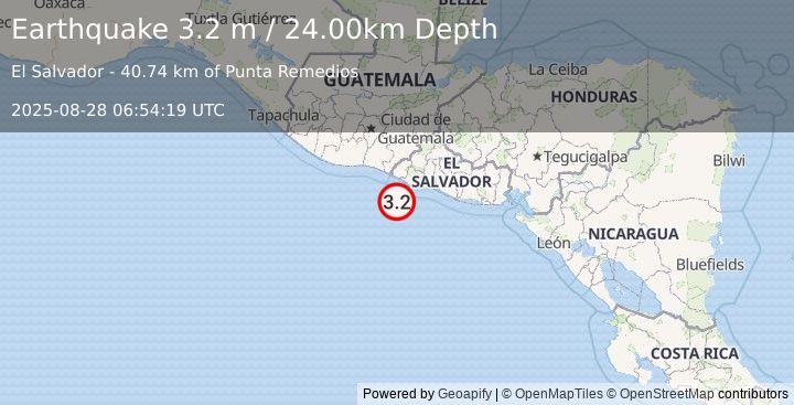 Earthquake OFFSHORE EL SALVADOR (3.2 m) (2025-08-28 06:54:19 UTC)