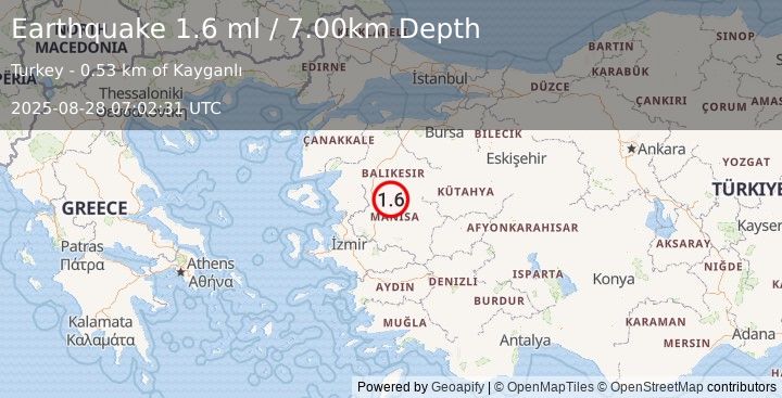 Earthquake WESTERN TURKEY (1.6 ml) (2025-08-28 07:02:31 UTC)
